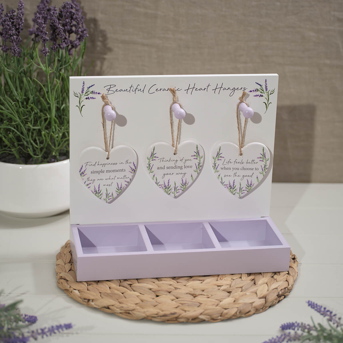 LAVENDER CERAMIC RAISED 3D DESIGN HANGING HEART 3 ASSTD WITH TRAY OF 24 **