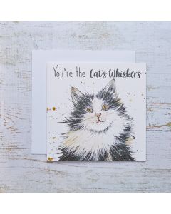 CATS WHISKERS FRIEND CARD WITH BLACK & WHITE CAT & SPLATTER