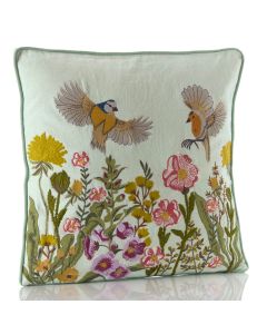 MIXED FLORALS WITH TWO BIRDS IN FLIGHT EMBROIDERED 100% COTTON CUSHION