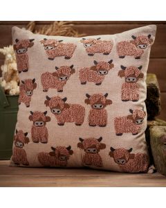 DOUGAL HIGHLAND COW REPEAT CUSHION TAUPE EMBROIDERED FABRIC 100% COTTON