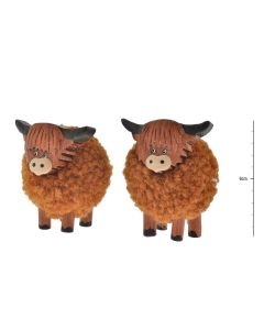 HIGHLAND COW POM POM ORNAMENT WOODEN WITH BROWN FLEECE 48/BASKET