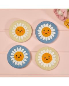 LOVE AND KINDNESS DAISY 100% SHEEPS WOOL FELT HAND MADE COASTER SET OF 4 STRING TIED