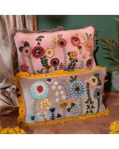 FLORAL LUXE VELVET HAND EMBROIDERY CUSHION 2 ASSTD WITH FRINGING