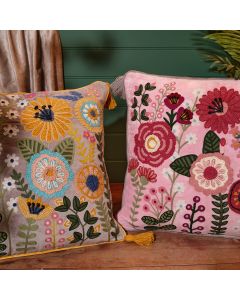 FLORAL LUXE VELVET WITH HAND EMBROIDERY CUSHION 2 ASSTD WITH TASSELS IN EACH CORNER