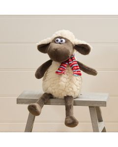 PLUSH SITTING SHEEP SOFT TOY WITH GOOGLE EYES AND STRIPED SCARF MEDIUM