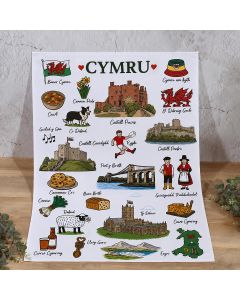 WELSH CYMRU ICON COTTON SOUVENIR TEA TOWEL WITH BELLY BAND