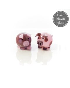 GLASS HAND BLOWN PIG ORNAMENT 2 ASSTD PINK OR BROWN WITH LARGE SPOTS