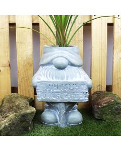 GONK PLANT POT GREY RESIN WITH WELCOME SIGN