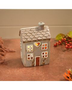 COTTAGE STONEWARE HANDPAINTED GREY WITH BURNT ORANGE DOOR TEA LIGHT HOLDER