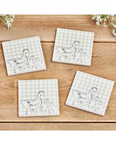 SKETCHY DUCK COASTER S/4 GREEN CHECKED CERAMIC