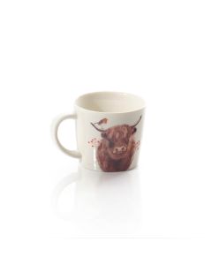 FROSTED HIGHLAND COW WITH ROBIN STONEWARE MUG