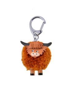 HIGHLAND COW POM POM KEYRING WOODEN WITH BROWN FLEECE