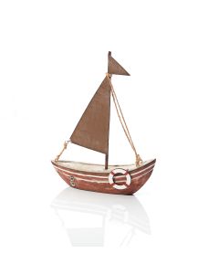 RUSTIC BOAT ORNAMENT BROWN & WHITE WOOD WITH BUOY & METAL SAIL