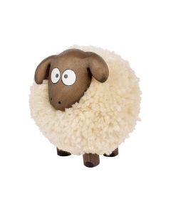 SHEEP POM POM ORNAMENT LARGE WOODEN WITH CREAM FLEECE