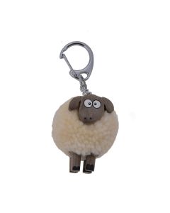 SHEEP POM POM KEYRING WOODEN WITH CREAM FLEECE