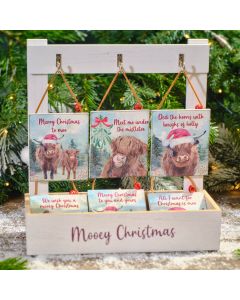 FROSTED HIGHLAND COW WOOD 6 ASSTD HANGER WITH BELL STAND 24