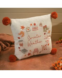 COSY CHAPTER POLYESTER SWEATER WEATHER CUSHION WITH POM POMS