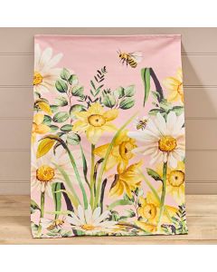 TEA TOWEL PINK BACKGROUND WITH DAFFODILS AND MIXED FLOWERS UK MADE 100% COTTON