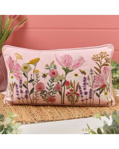 FLORAL PINK BASE EMBROIDERED 100% COTTON RECTANGULAR CUSHION
