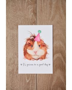 GUINEA PIG A4 PRINT WHITE WITH PINK PARTY HAT GOOD DAY