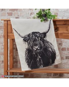 HIGHLAND COW TEA TOWEL GREYSCALE 100% COTTON UK MADE