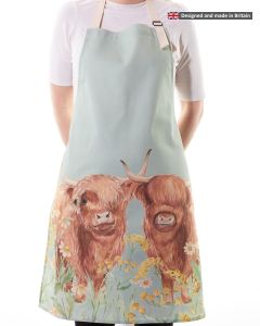 HIGHLAND COW FLORAL APRON PALE GREEN 100% COTTON UK MADE
