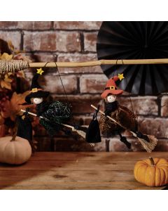 SPOOKTACULAR FLYING WITCH ON BROOM WITH BAG ORANGE AND GREEN 2 ASSTD