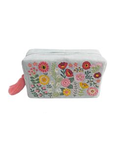 FLORAL LUXE COTTON VELVET EMBROIDERED MAKE UP POUCH WITH BEADS SEQUINS AND TASSEL