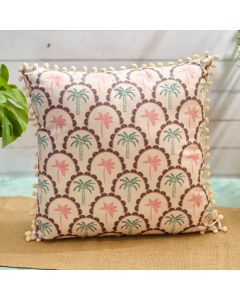 PALM PARADISE CREAM TREE PATTERN PRINTED POLYESTER VELOUR CUSHION WITH POM POMS AND ZIP