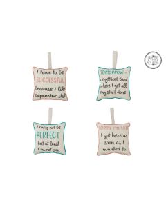 RUDE HUMOUR CUSHION HANGER 4 ASSTD WHITE FABRIC SCRIPT QUOTE++