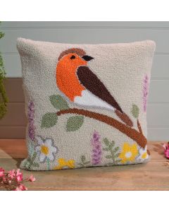 ROBIN ON BRANCH WITH FLOWERS HOOKED CUSHION WITH ZIP