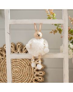 FARMHOUSE BUNNY WHITE POM POM WOOD HEAD BUNNY SHELF SITTER WITH BEADED DANGLY LEGS