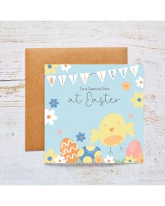 EASTER SON CARD BLUE WITH YELLOW CHICK & BUNTING