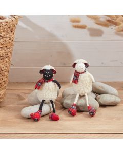 SHEEP SHELF SITTER 2 ASSTD WHITE FLEECE FABRIC WITH TARTAN SCARF