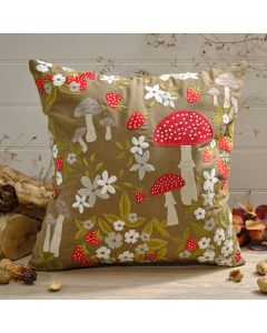 TOADSTOOL TALES 100% COTTON EMBROIDERED RED SPOT TOADSTOOL SQUARE CUSHION WITH FLOWERS