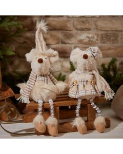 XMAS MOUSE SHELF SITTER 2 ASSTD NATURAL PLUSH FABRIC WITH BEAD LEGS
