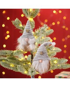 CHRISTMAS GREY STRIPED FABRIC HAT GONK WITH WOODEN LOG SLICE HANGER 2 ASSTD