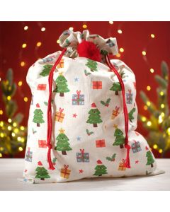 JINGLE AND JOY CHRISTMAS TREE REPEAT PATTERN SACK WITH POM POMS