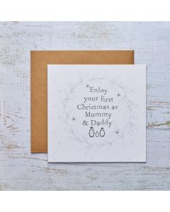 1ST XMAS MUMMY & DADDY CARD WITH PENGUINS & GREY MISTLETOE