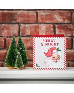 MERRY & BRIGHT VINTAGE SANTA CARD WHITE WITH HOLLY IN HAT