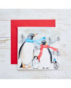 XMAS PENGUIN FAMILY CARD WITH SCARVES & SNOWY SLOPES