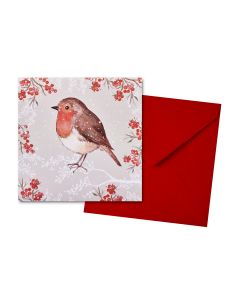 XMAS ROBIN CARD WITH WHITE BRANCHES & RED BERRY BORDER