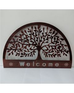 METAL WELCOME GARDEN PLAQUE RUSTIC BROWN METAL WITH TREE+