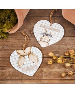 BUNNY HANGER 2 ASSTD GINGHAM CERAMIC WITH TAUPE QUOTE