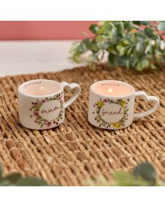 FLORAL WREATH CERAMIC TEA LIGHT HOLDER WITH HEART SHAPED HANDLE 2 ASSTD WORDING