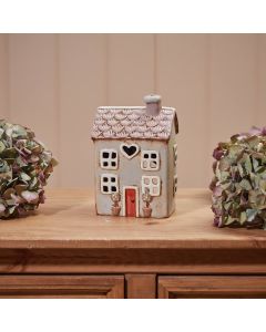 COTTAGE STONEWARE HANDPAINTED GREY WITH BURNT ORANGE DOOR TEA LIGHT HOLDER