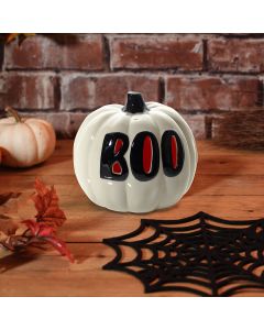 SPOOKTACULAR CERAMIC BOO PUMPKIN LANTERN WITH CHANGING LED LIGHT COLOUR