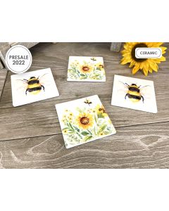 SUNFLOWER BEE COASTER S/4 WHITE CERAMIC 2 ASST
