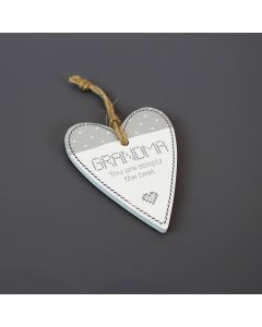 GRANDMA HEART HANGER GREY & WHITE CERAMIC WITH CROSS STITCH+++