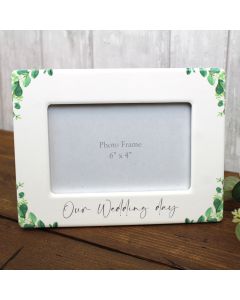 WEDDING DAY PHOTO FRAME WHITE CERAMIC WITH FOLIAGE++